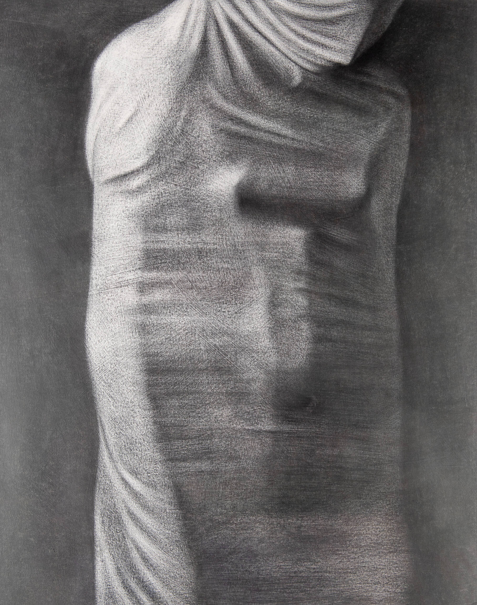 Black and white charcoal drawing of a human figure torso wrapped tightly in cloth.